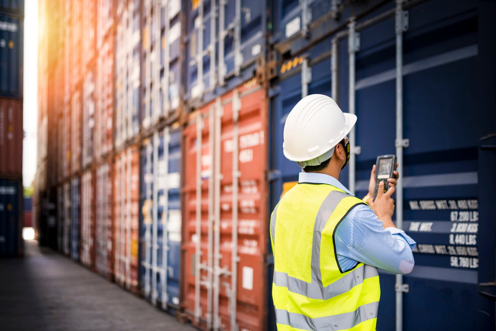 Foreman control loading Containers box from Cargo freight ship for import export.